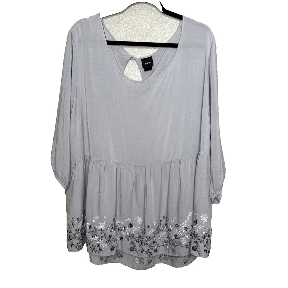 Disney Plus Size 3X Peplum Top Gray Ruffle Princess Shirt Blouse Embroidery